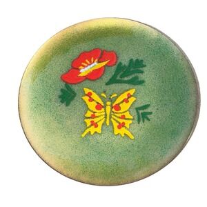 Annemarie Davidson MCM Enamel Copper Dish 4" Signed Butterfly Flower Art Bowl